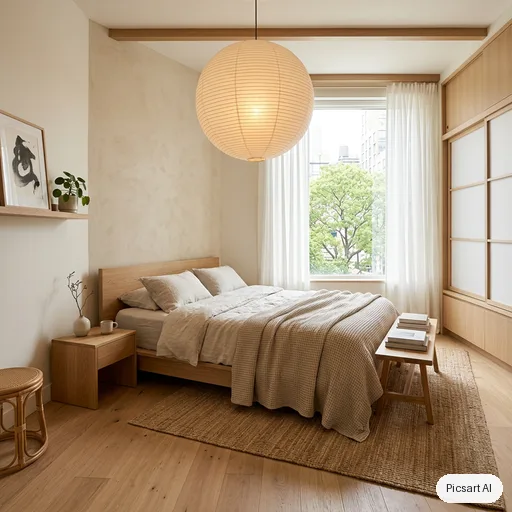 Nano Banana 2: japandi bedroom, low platform bed, linen bedding, paper lantern, real estate photo