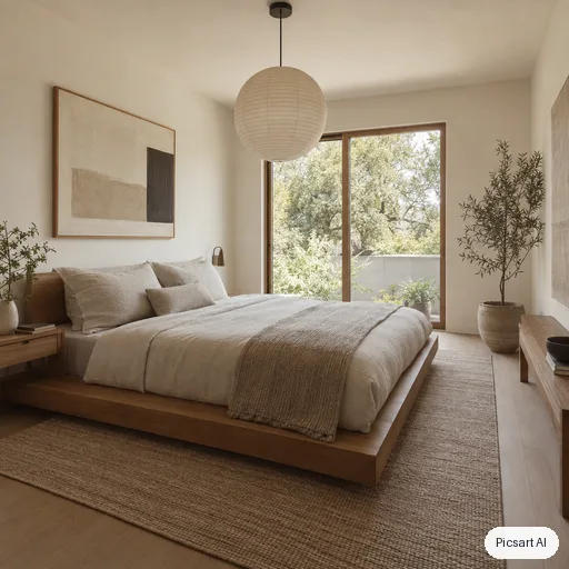 GPT Image 2.5 Sunburst: japandi bedroom, low platform bed, linen bedding, paper lantern, real estate photo