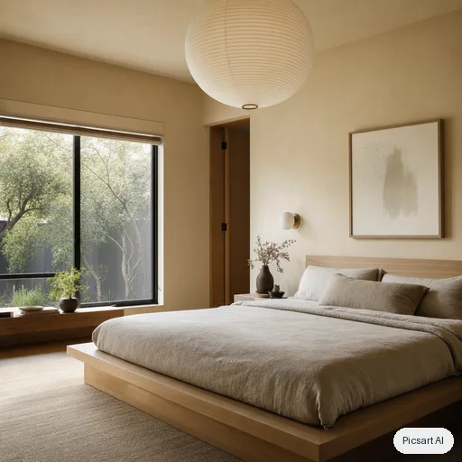 GPT Image 2: japandi bedroom, low platform bed, linen bedding, paper lantern, real estate photo