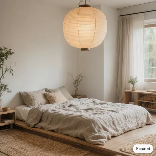 Hunyuan V3: japandi bedroom, low platform bed, linen bedding, paper lantern, real estate photo