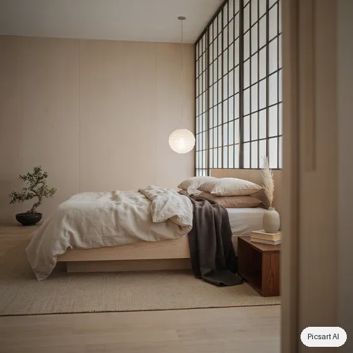 Ideogram 4.5: japandi bedroom, low platform bed, linen bedding, paper lantern, real estate photo