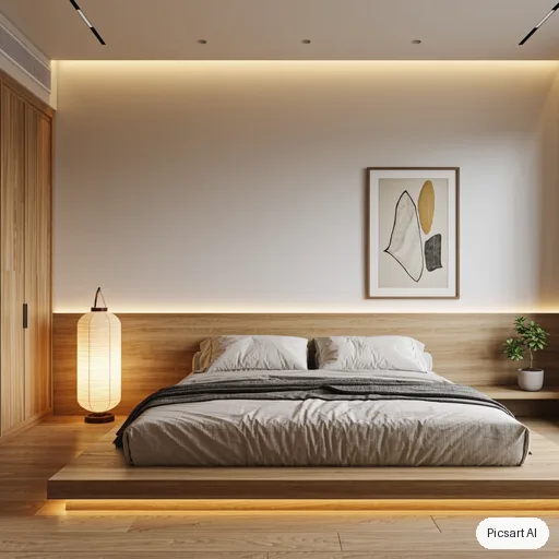Kling 3.0 Image: japandi bedroom, low platform bed, linen bedding, paper lantern, real estate photo