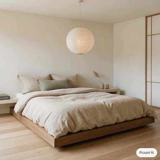 Luma UNI-1: japandi bedroom, low platform bed, linen bedding, paper lantern, real estate photo