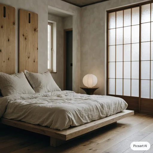 Recraft V4.1: japandi bedroom, low platform bed, linen bedding, paper lantern, real estate photo