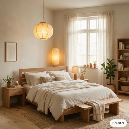 Seedream 5.0 Pro: japandi bedroom, low platform bed, linen bedding, paper lantern, real estate photo