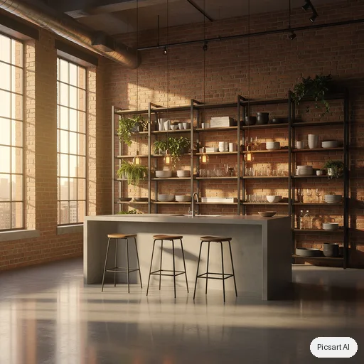 Flux 2 Pro: Industrial loft kitchen with exposed brick, black steel shelving, a concrete island with bar stools and pendant bulbs, late afternoon sun through tall factory windows