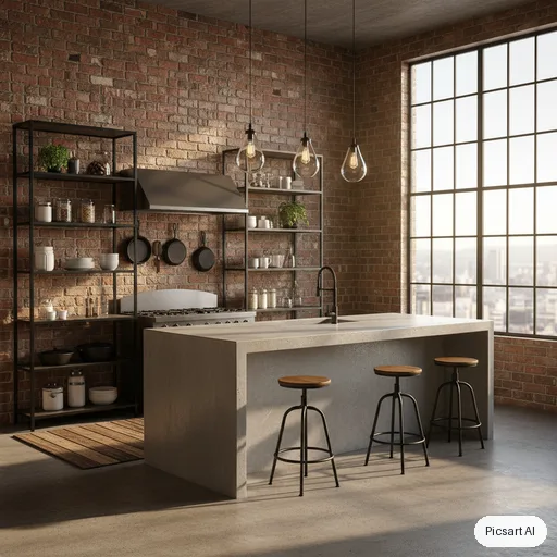 Nano Banana: Industrial loft kitchen with exposed brick, black steel shelving, a concrete island with bar stools and pendant bulbs, late afternoon sun through tall factory windows