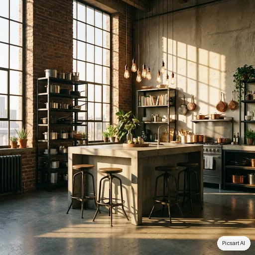Nano Banana Pro: Industrial loft kitchen with exposed brick, black steel shelving, a concrete island with bar stools and pendant bulbs, late afternoon sun through tall factory windows
