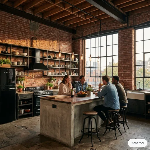 Nano Banana 2: Industrial loft kitchen with exposed brick, black steel shelving, a concrete island with bar stools and pendant bulbs, late afternoon sun through tall factory windows