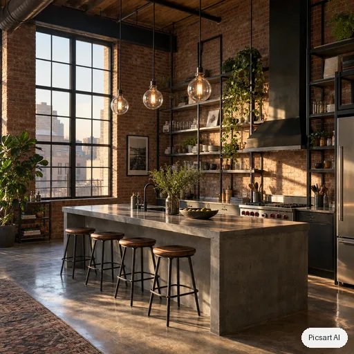 GPT Image 2.5 Sunburst: Industrial loft kitchen with exposed brick, black steel shelving, a concrete island with bar stools and pendant bulbs, late afternoon sun through tall factory windows