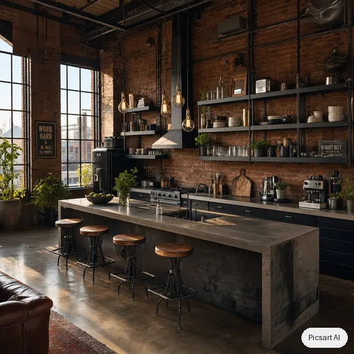 GPT Image 2: Industrial loft kitchen with exposed brick, black steel shelving, a concrete island with bar stools and pendant bulbs, late afternoon sun through tall factory windows