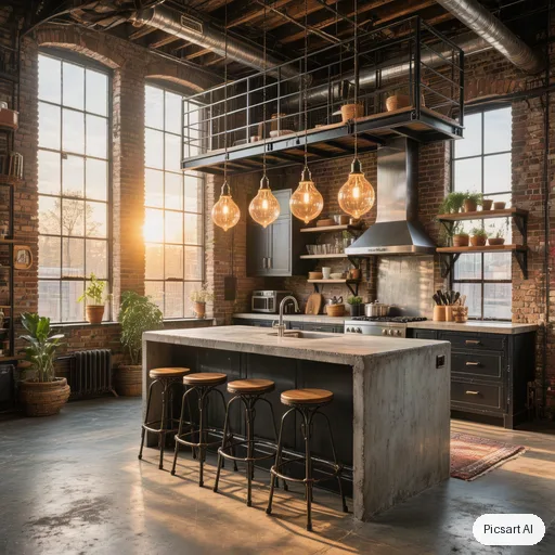 Hunyuan V3 output for: Industrial loft kitchen with exposed brick, black steel shelving, a concrete island with bar stools and pendant bulbs, late afternoon sun through tall factory windows