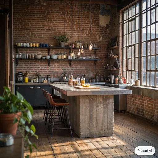 Ideogram 4.5: Industrial loft kitchen with exposed brick, black steel shelving, a concrete island with bar stools and pendant bulbs, late afternoon sun through tall factory windows
