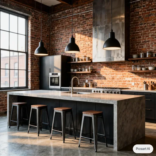 Kling 3.0 Image: Industrial loft kitchen with exposed brick, black steel shelving, a concrete island with bar stools and pendant bulbs, late afternoon sun through tall factory windows