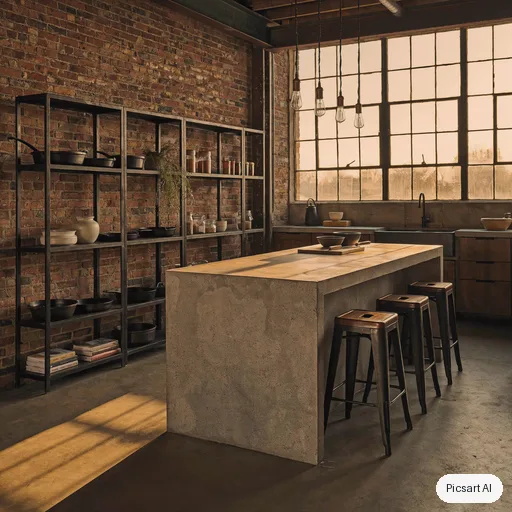 Luma UNI-1: Industrial loft kitchen with exposed brick, black steel shelving, a concrete island with bar stools and pendant bulbs, late afternoon sun through tall factory windows