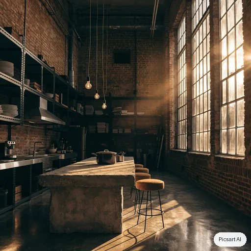 Recraft V4.1: Industrial loft kitchen with exposed brick, black steel shelving, a concrete island with bar stools and pendant bulbs, late afternoon sun through tall factory windows