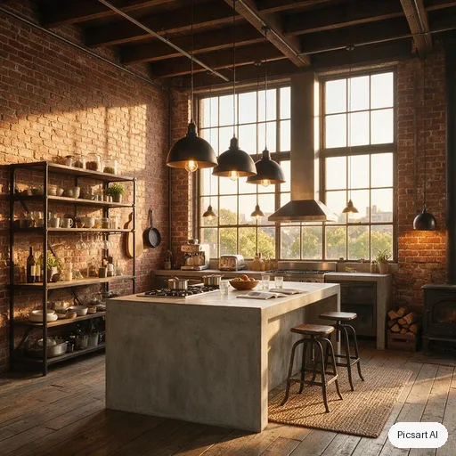 Seedream 5.0 Pro: Industrial loft kitchen with exposed brick, black steel shelving, a concrete island with bar stools and pendant bulbs, late afternoon sun through tall factory windows