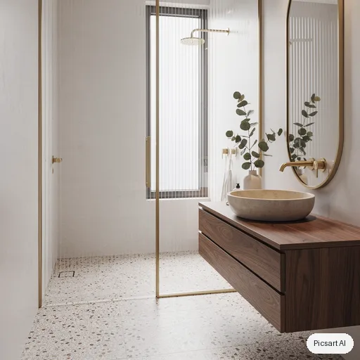Flux 2 Pro: Small modern bathroom with a speckled terrazzo floor, a walk-in shower behind fluted glass, a floating walnut vanity with a round stone basin, brushed brass fixtures, a tall arched mirror, a single eucalyptus stem in a vase, soft diffused daylight, interior magazine photo