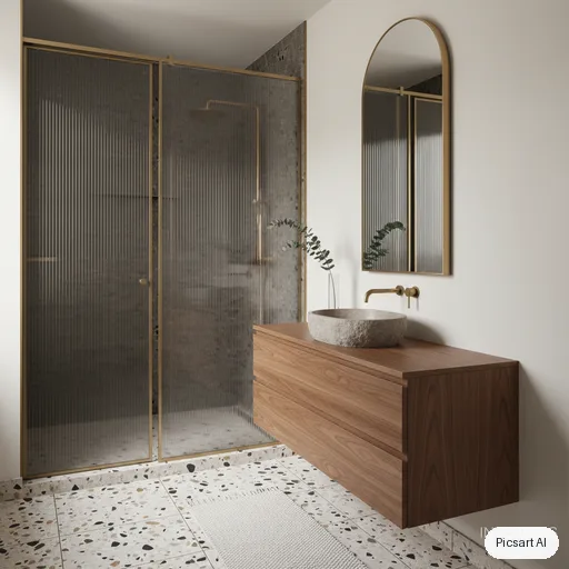 Nano Banana: Small modern bathroom with a speckled terrazzo floor, a walk-in shower behind fluted glass, a floating walnut vanity with a round stone basin, brushed brass fixtures, a tall arched mirror, a single eucalyptus stem in a vase, soft diffused daylight, interior magazine photo