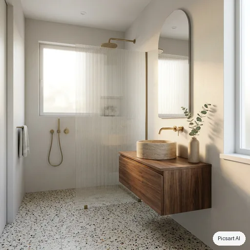 Nano Banana Pro: Small modern bathroom with a speckled terrazzo floor, a walk-in shower behind fluted glass, a floating walnut vanity with a round stone basin, brushed brass fixtures, a tall arched mirror, a single eucalyptus stem in a vase, soft diffused daylight, interior magazine photo