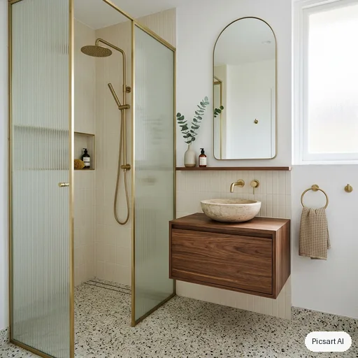 Nano Banana 2: Small modern bathroom with a speckled terrazzo floor, a walk-in shower behind fluted glass, a floating walnut vanity with a round stone basin, brushed brass fixtures, a tall arched mirror, a single eucalyptus stem in a vase, soft diffused daylight, interior magazine photo
