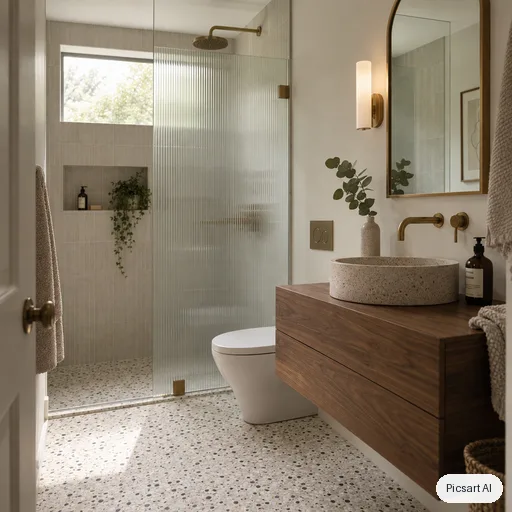 GPT Image 2.5 Sunburst: Small modern bathroom with a speckled terrazzo floor, a walk-in shower behind fluted glass, a floating walnut vanity with a round stone basin, brushed brass fixtures, a tall arched mirror, a single eucalyptus stem in a vase, soft diffused daylight, interior magazine photo