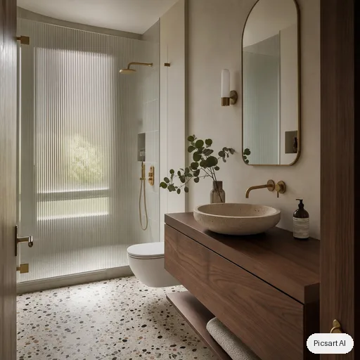 GPT Image 2: Small modern bathroom with a speckled terrazzo floor, a walk-in shower behind fluted glass, a floating walnut vanity with a round stone basin, brushed brass fixtures, a tall arched mirror, a single eucalyptus stem in a vase, soft diffused daylight, interior magazine photo