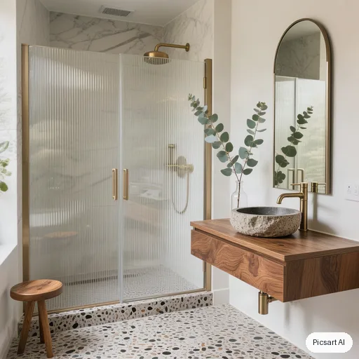 Hunyuan V3 output for: Small modern bathroom with a speckled terrazzo floor, a walk-in shower behind fluted glass, a floating walnut vanity with a round stone basin, brushed brass fixtures, a tall arched mirror, a single eucalyptus stem in a vase, soft diffused daylight, interior magazine photo