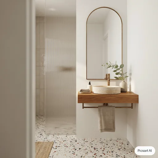Ideogram 4.5: Small modern bathroom with a speckled terrazzo floor, a walk-in shower behind fluted glass, a floating walnut vanity with a round stone basin, brushed brass fixtures, a tall arched mirror, a single eucalyptus stem in a vase, soft diffused daylight, interior magazine photo