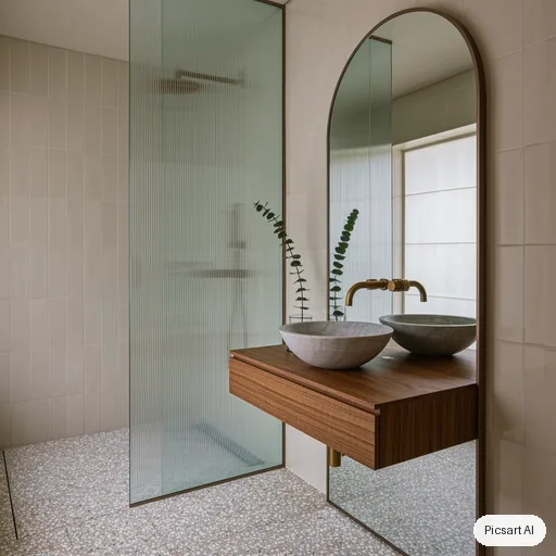 Kling 3.0 Image: Small modern bathroom with a speckled terrazzo floor, a walk-in shower behind fluted glass, a floating walnut vanity with a round stone basin, brushed brass fixtures, a tall arched mirror, a single eucalyptus stem in a vase, soft diffused daylight, interior magazine photo