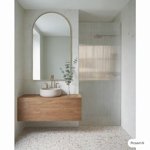 Luma UNI-1: Small modern bathroom with a speckled terrazzo floor, a walk-in shower behind fluted glass, a floating walnut vanity with a round stone basin, brushed brass fixtures, a tall arched mirror, a single eucalyptus stem in a vase, soft diffused daylight, interior magazine photo