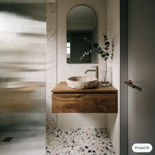 Recraft V4.1: Small modern bathroom with a speckled terrazzo floor, a walk-in shower behind fluted glass, a floating walnut vanity with a round stone basin, brushed brass fixtures, a tall arched mirror, a single eucalyptus stem in a vase, soft diffused daylight, interior magazine photo