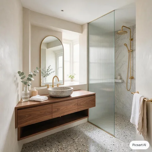 Seedream 5.0 Pro: Small modern bathroom with a speckled terrazzo floor, a walk-in shower behind fluted glass, a floating walnut vanity with a round stone basin, brushed brass fixtures, a tall arched mirror, a single eucalyptus stem in a vase, soft diffused daylight, interior magazine photo