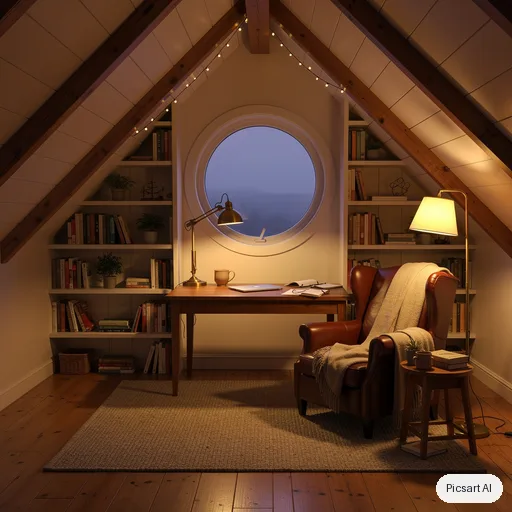 Flux 2 Pro: cozy home office in an attic with slanted ceilings, built in bookshelves, a leather chair, a desk by a round window, evening lamp light