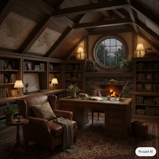 Nano Banana: cozy home office in an attic with slanted ceilings, built in bookshelves, a leather chair, a desk by a round window, evening lamp light