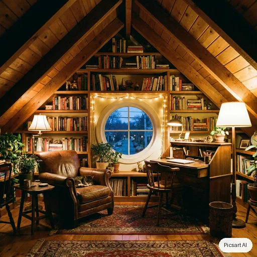 Nano Banana Pro: cozy home office in an attic with slanted ceilings, built in bookshelves, a leather chair, a desk by a round window, evening lamp light
