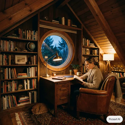 Nano Banana 2: cozy home office in an attic with slanted ceilings, built in bookshelves, a leather chair, a desk by a round window, evening lamp light