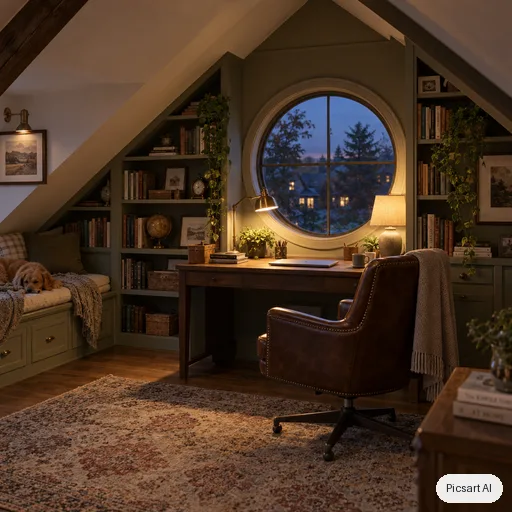 GPT Image 2.5 Sunburst: cozy home office in an attic with slanted ceilings, built in bookshelves, a leather chair, a desk by a round window, evening lamp light