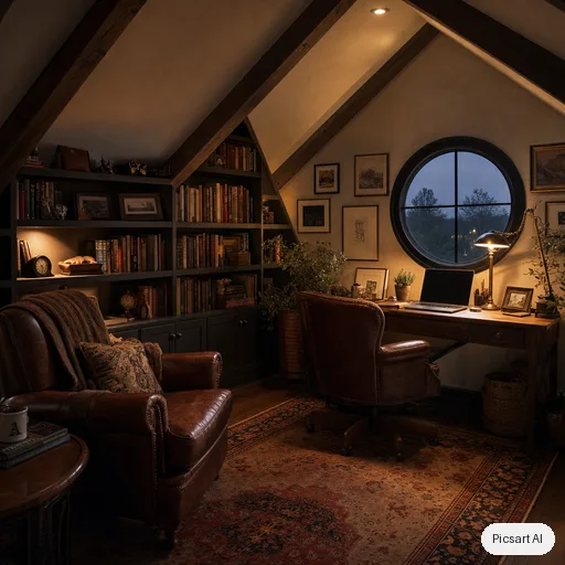 GPT Image 2: cozy home office in an attic with slanted ceilings, built in bookshelves, a leather chair, a desk by a round window, evening lamp light