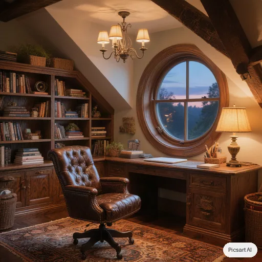 Hunyuan V3 output for: cozy home office in an attic with slanted ceilings, built in bookshelves, a leather chair, a desk by a round window, evening lamp light