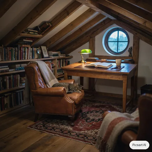 Ideogram 4.5: cozy home office in an attic with slanted ceilings, built in bookshelves, a leather chair, a desk by a round window, evening lamp light