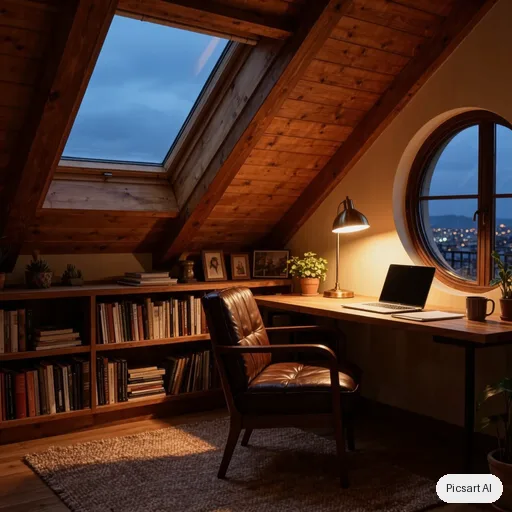 Kling 3.0 Image: cozy home office in an attic with slanted ceilings, built in bookshelves, a leather chair, a desk by a round window, evening lamp light