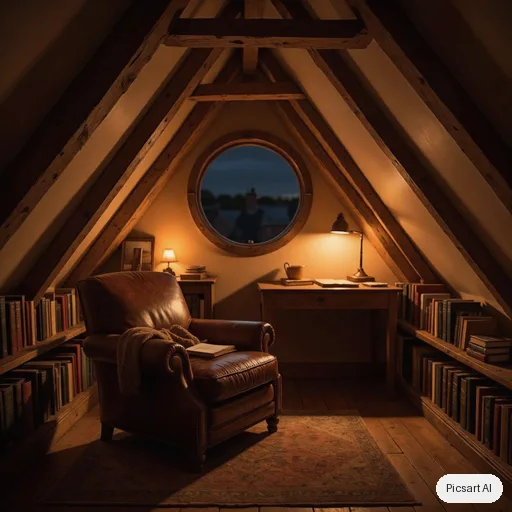 Luma UNI-1: cozy home office in an attic with slanted ceilings, built in bookshelves, a leather chair, a desk by a round window, evening lamp light