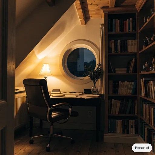 Recraft V4.1: cozy home office in an attic with slanted ceilings, built in bookshelves, a leather chair, a desk by a round window, evening lamp light