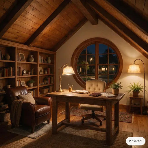 Seedream 5.0 Pro: cozy home office in an attic with slanted ceilings, built in bookshelves, a leather chair, a desk by a round window, evening lamp light