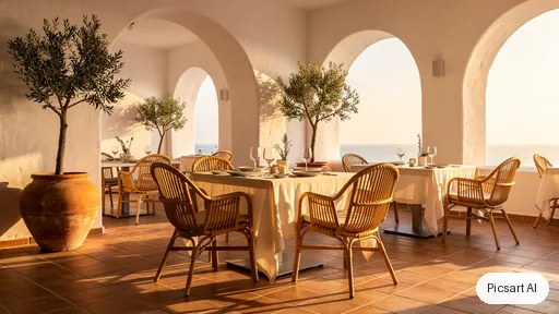 Flux 2 Pro: Mediterranean restaurant interior with white plaster arches, terracotta tiles, olive trees in large pots, rattan chairs and linen tablecloths, golden hour light through the arches, wide-angle shot