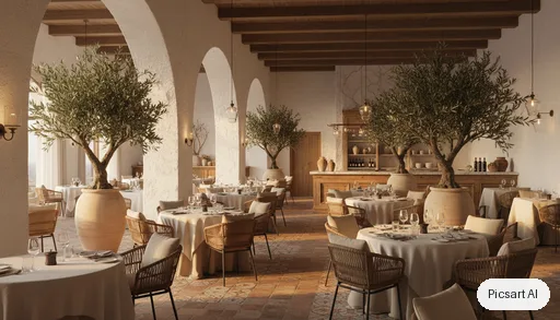 Nano Banana: Mediterranean restaurant interior with white plaster arches, terracotta tiles, olive trees in large pots, rattan chairs and linen tablecloths, golden hour light through the arches, wide-angle shot