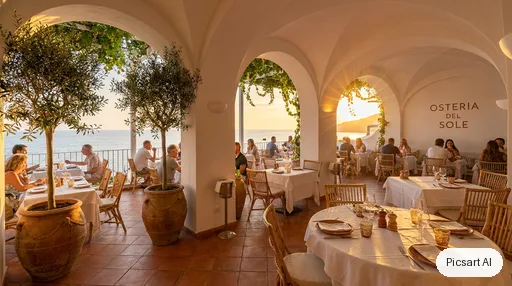 Nano Banana Pro: Mediterranean restaurant interior with white plaster arches, terracotta tiles, olive trees in large pots, rattan chairs and linen tablecloths, golden hour light through the arches, wide-angle shot