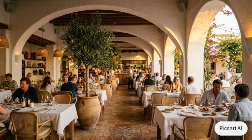 Nano Banana 2: Mediterranean restaurant interior with white plaster arches, terracotta tiles, olive trees in large pots, rattan chairs and linen tablecloths, golden hour light through the arches, wide-angle shot