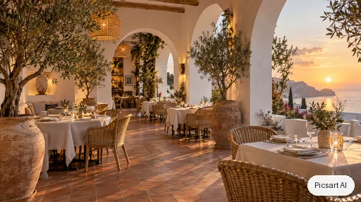 GPT Image 2.5 Sunburst: Mediterranean restaurant interior with white plaster arches, terracotta tiles, olive trees in large pots, rattan chairs and linen tablecloths, golden hour light through the arches, wide-angle shot